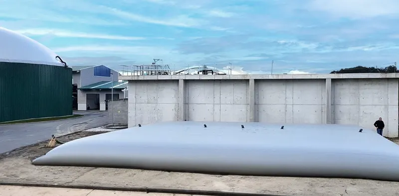 Planta de biogás con digestor de cúpula verde y una cisterna flexible gris para digestato en primer plano