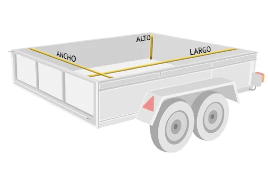 Diagrama con las tres medidas del remolque a indicar: ancho, alto y largo
