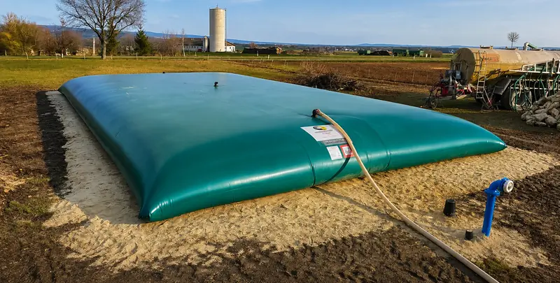 Depósito flexible de gran capacidad instalado sobre una base de arena en una finca, con manguera de llenado y válvula de salida conectadas